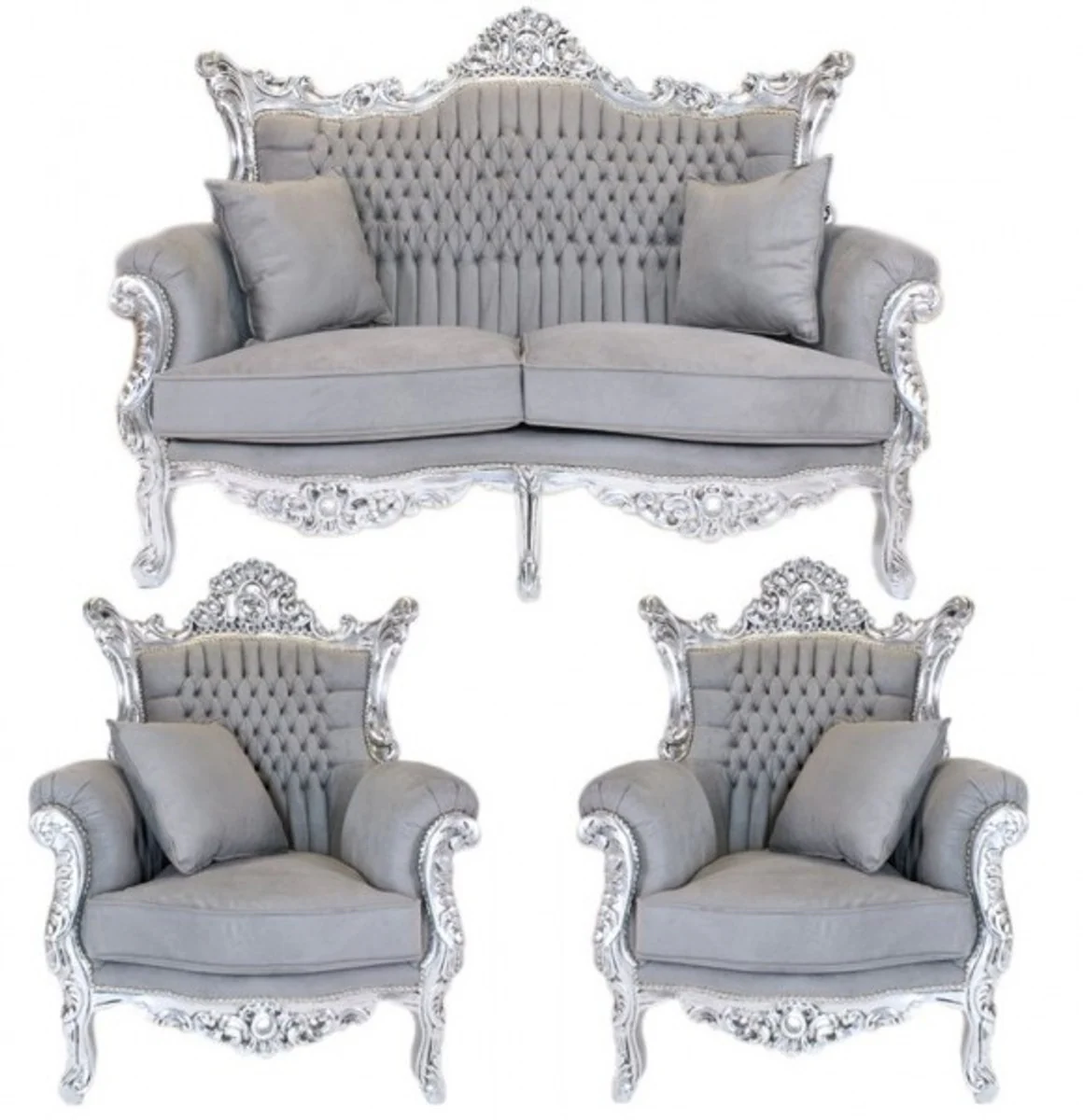Casa Padrino Baroque Living Set Master Grey / Silver - 2-seater sofa + 2 armchairs