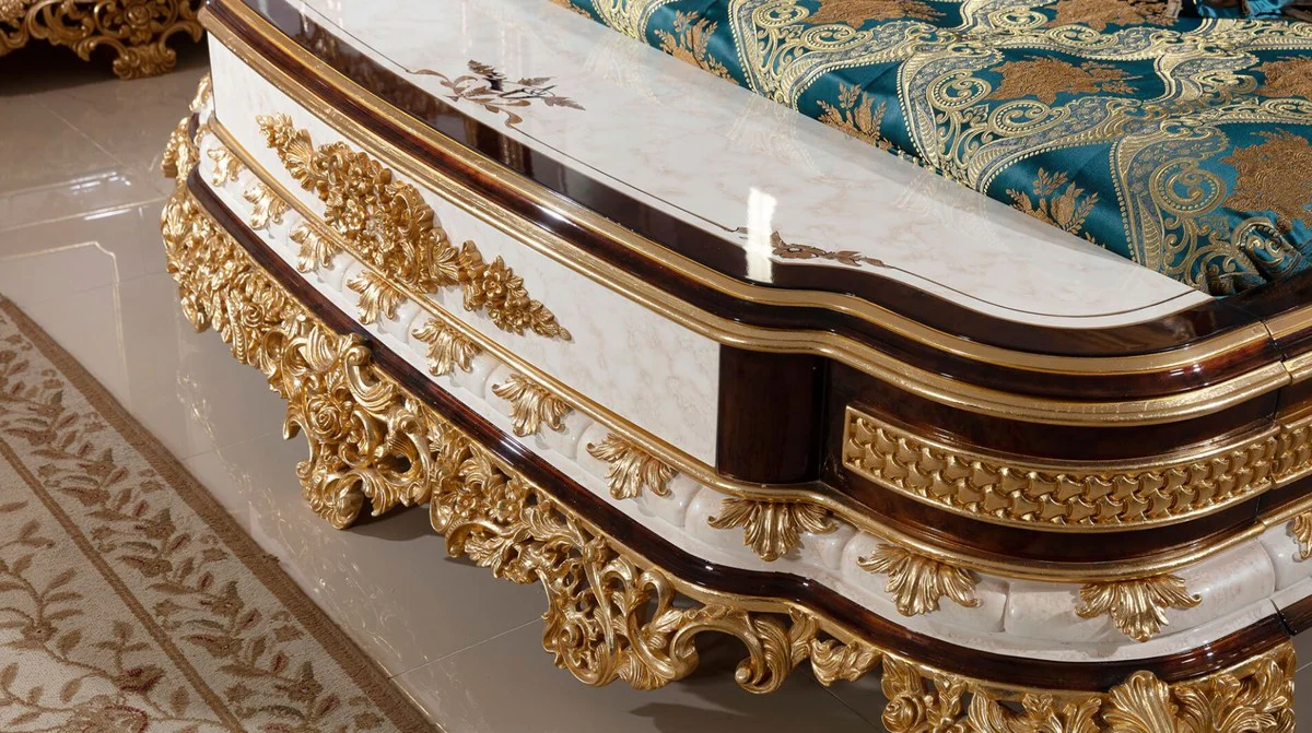 Casa Padrino conjunto de dormitorio barroco de lujo azul / blanco / marrón / oro - 1 Cama Doble con Cabecera y 2 Mesitas de Noche - Muebles de dormitorio barroco - Noble y Magnífico