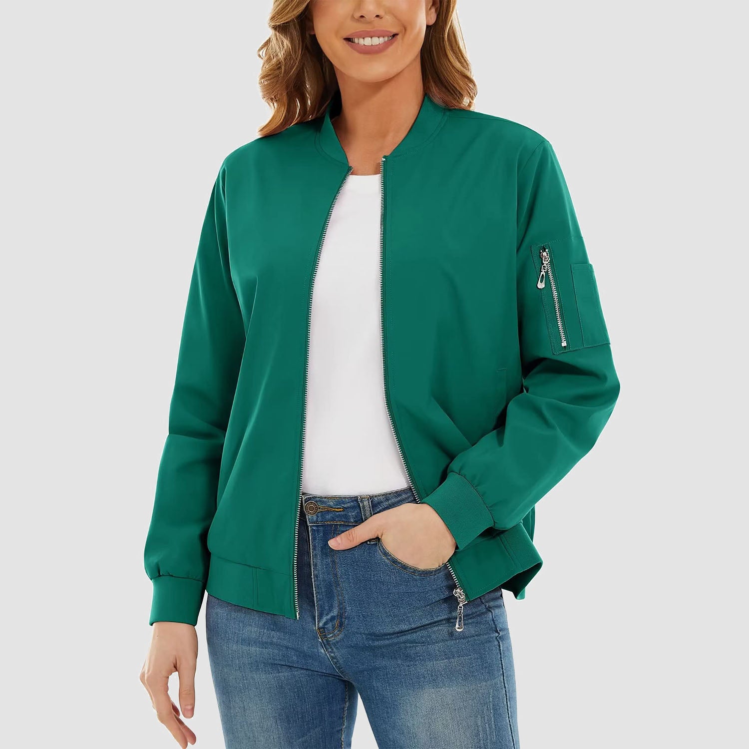 Women's Bomber Jackets Casual Jacket with 3 Pockets Spring Windbrealer Coat Fashion Outwear