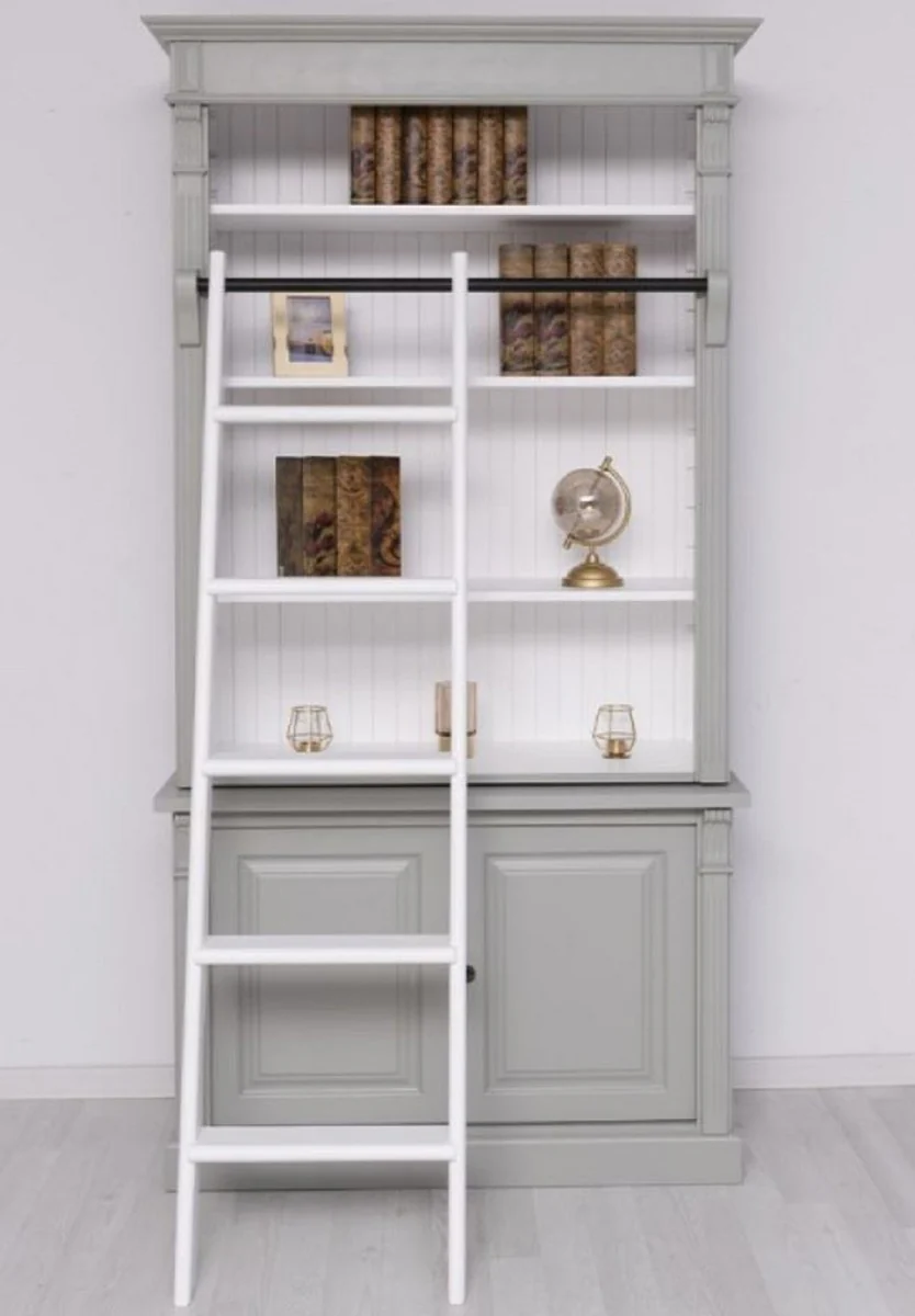 Casa Padrino armario de libros de estilo campestre con escalera gris / blanco 120 x 51 x A. 228 cm - Armario de Sala de Estar de Madera Maciza - Armario de Oficina - Muebles de Estilo Campestre