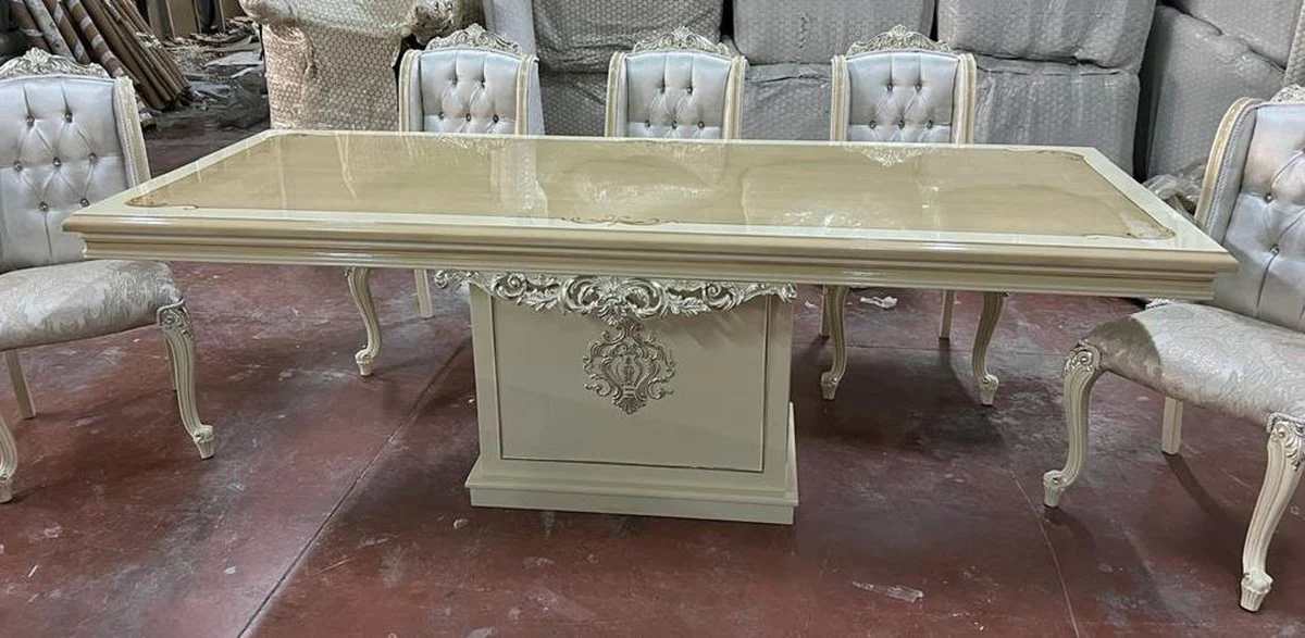 Casa Padrino conjunto de comedor barroco de lujo plata / beige / blanco - 1 Mesa de Comedor Barroco y 6 Sillas de Comedor Barrocos - Muebles de comedor de lujo estilo barroco