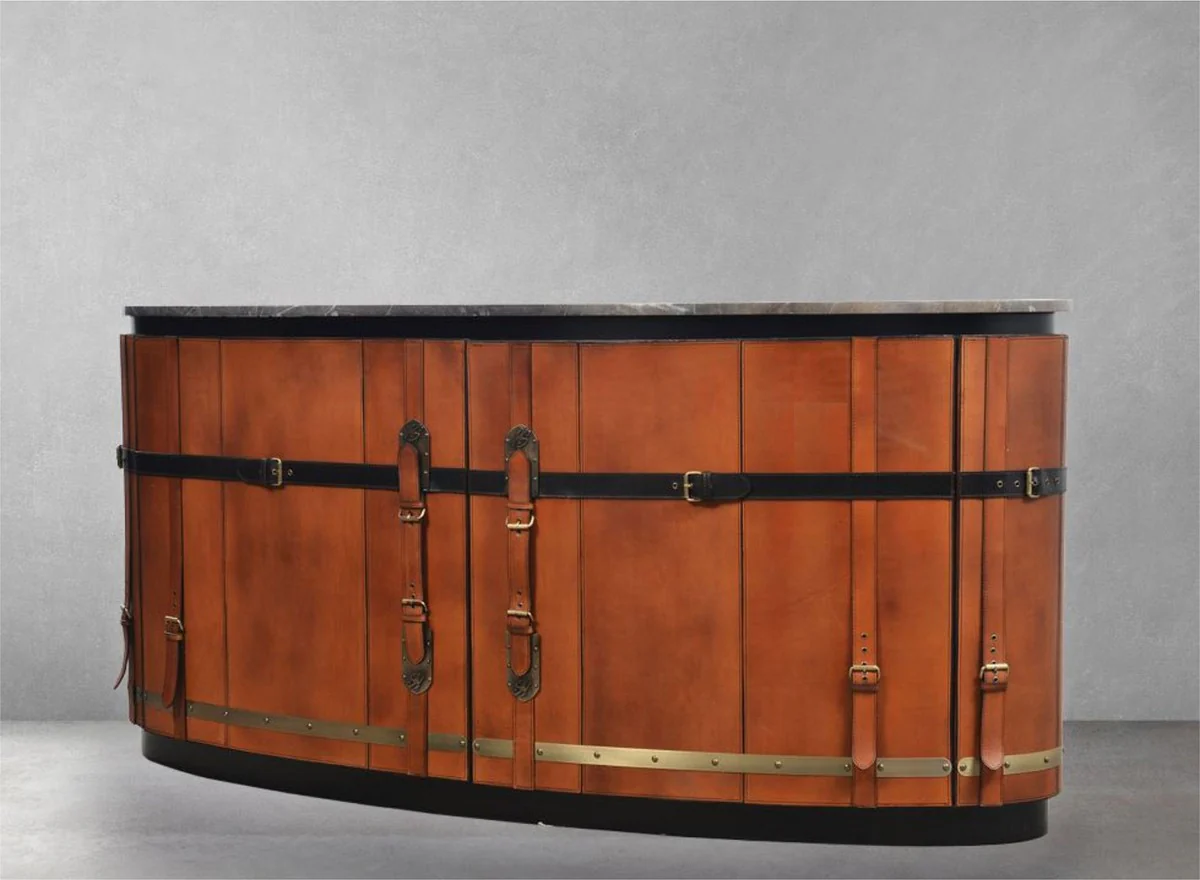 Casa Padrino aparador de lujo marr¨®n / negro / gris / lat¨®n 184 x 48 x A. 87 cm - Armario curvo de madera maciza con 2 puertas y tapa de m¨¢rmol - Muebles de sal¨®n - Muebles de lujo