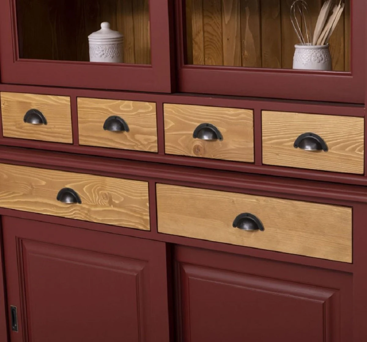 Casa Padrino armario de comedor de estilo campestre rojo burdeos / natural 142 x 48 x A. 225 cm - Armario de cocina de madera maciza - Muebles de comedor de estilo campestre