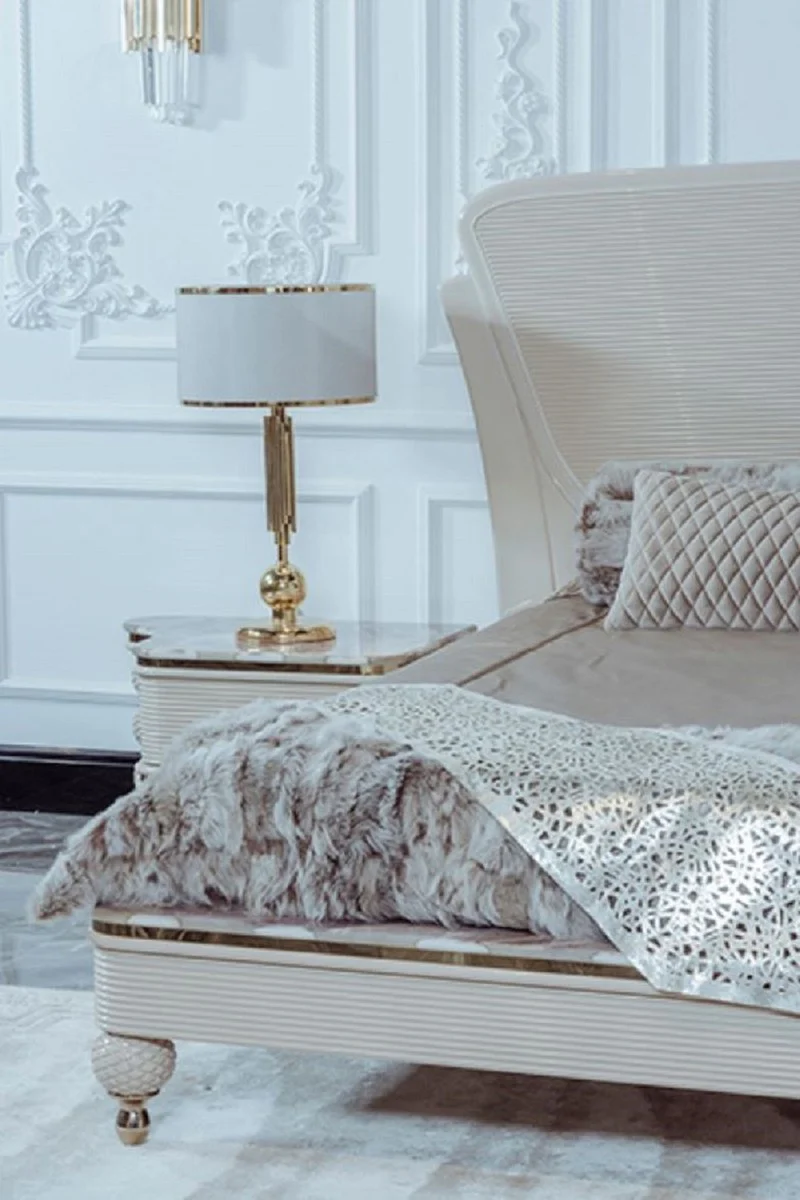 Casa Padrino Conjunto de Dormitorio Art Deco de Lujo Beige / Gris / Oro - 1 Cama Doble con Cabecero y 2 Mesas de Noche - Muebles de Dormitorio y de Hotel Art Deco - Colección de Lujo