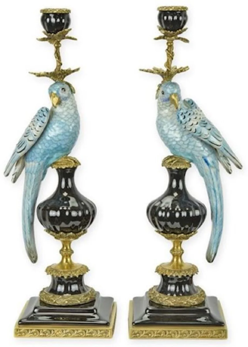 Casa Padrino conjunto de portavelas Art Nouveau loros azul / negro / latón 16,1 x 12,8 x A. 48 cm - Portavelas de porcelana - Accesorios para hoteles y restaurantes