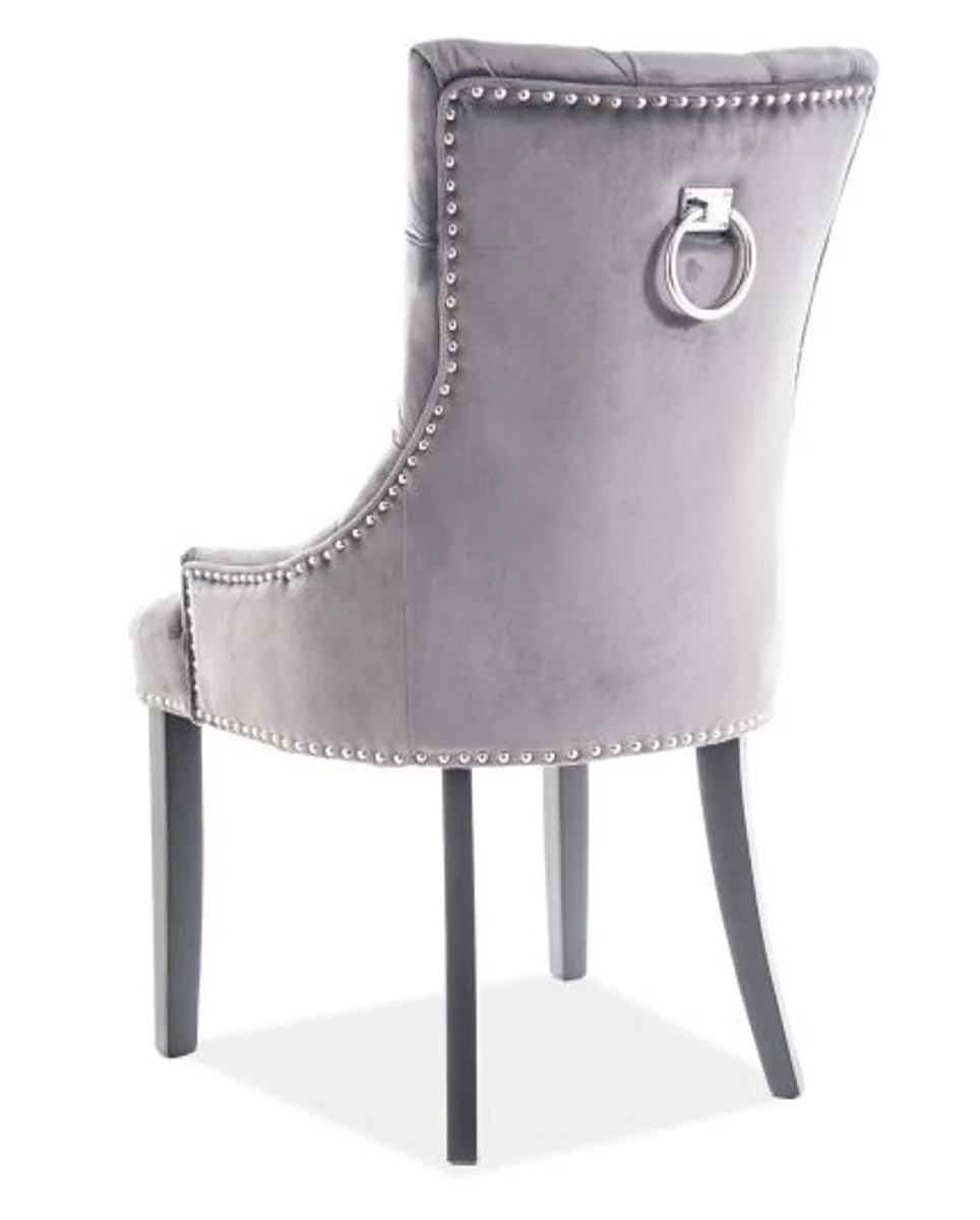 Silla de comedor Chesterfield de lujo Casa Padrino gris / plateado / negro - silla de cocina con tela de terciopelo - muebles de comedor