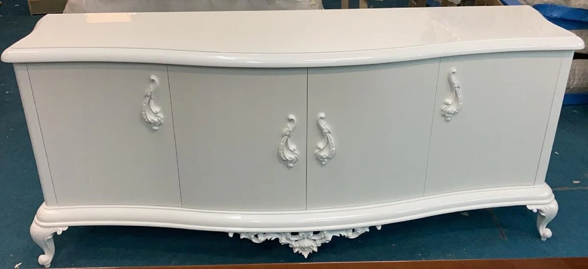 Casa Padrino aparador barroco de lujo de madera maciza blanco alto brillo - Armario de madera maciza hecho a mano con 4 puertas - Muebles barrocos de lujo - Muebles de salón en estilo barroco