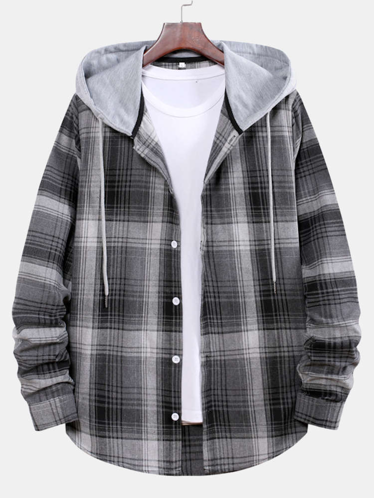 Curved Hem Contrast Hooded Plaid Shirts