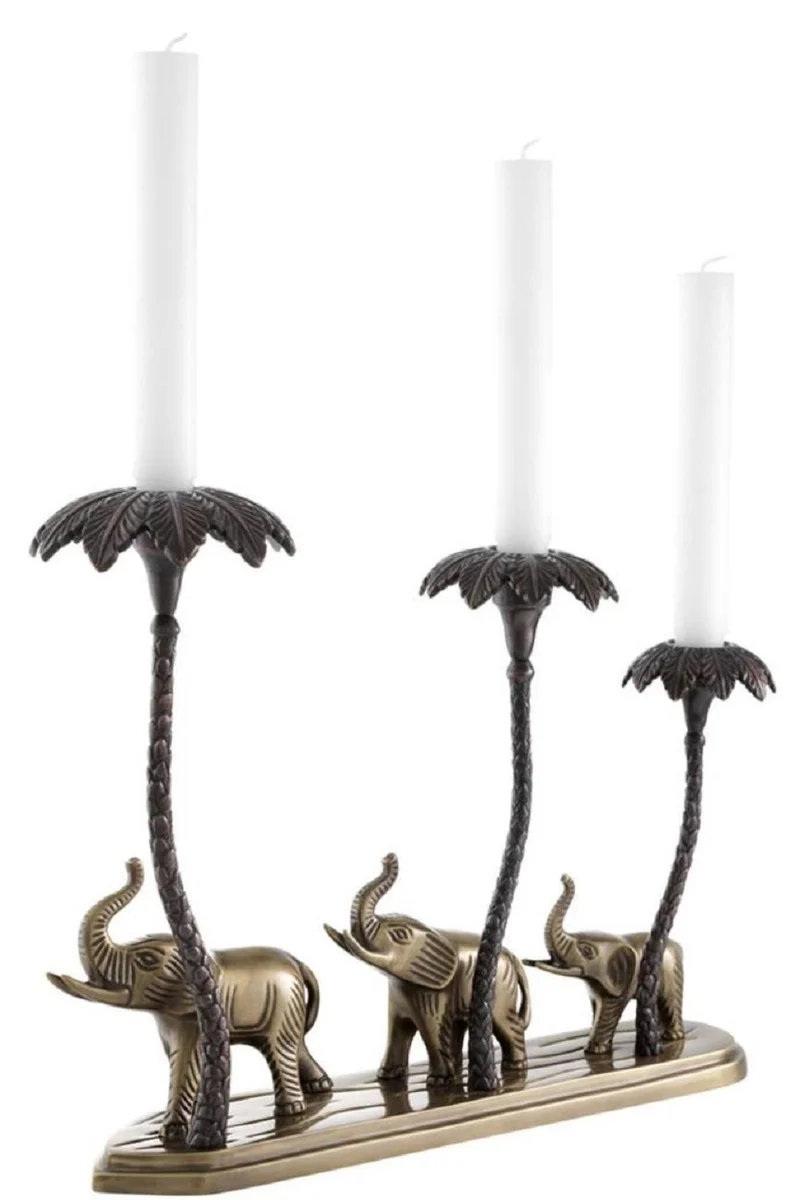 Casa Padrino candelabro de lujo elefantes y palmeras latón antiguo / bronce 38 x 7,5 x H. 28,5 cm - Accesorios de Decoración de Hoteles y Restaurantes