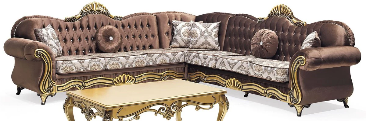 Casa Padrino sof¨¢ de esquina barroco de lujo marr¨®n / multicolor / oro - Magn¨ªfico sof¨¢ de sal¨®n con pedrer¨ªa y patr¨®n elegante - Muebles de sal¨®n barrocos - Noble y Magn¨ªfico