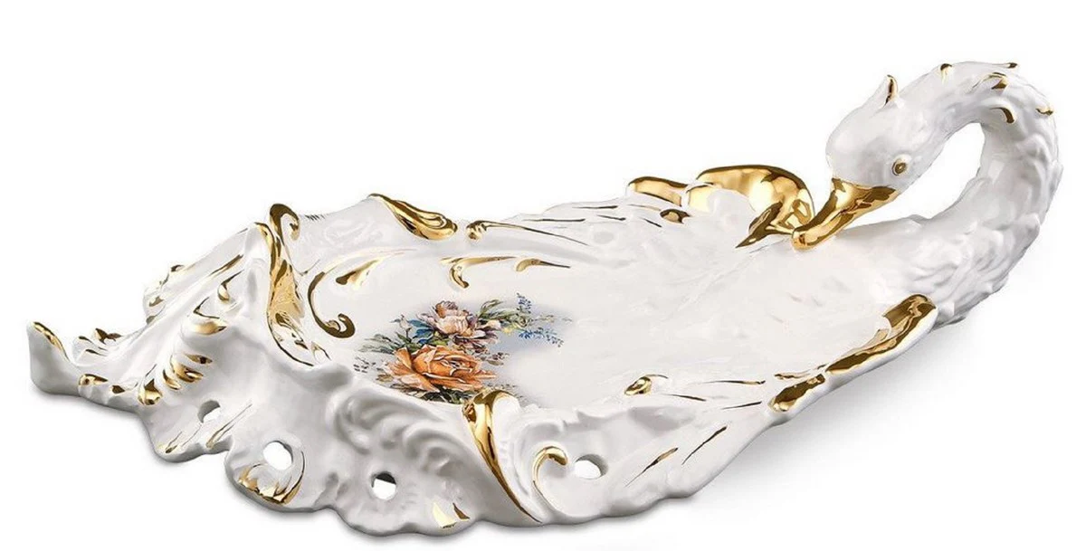 Casa Padrino Bandeja de Servir Barroco Cisne con Flores Blanco / Oro / Multicolor 54 x 30 x H. 16 cm - Bandeja Barroco de Cerámica Pintada a Mano
