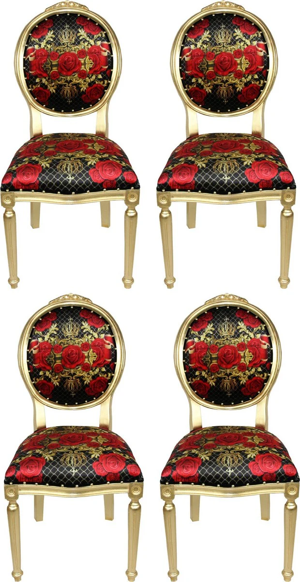 Pomp??s by Casa Padrino Sillas de Comedor Barroco de Lujo Rosas Negro / Rojo / Oro - Sillas de Estilo Barroco de Pomp??s Dise?adas por Harald Gl??ckler - 4 Sillas de Comedor