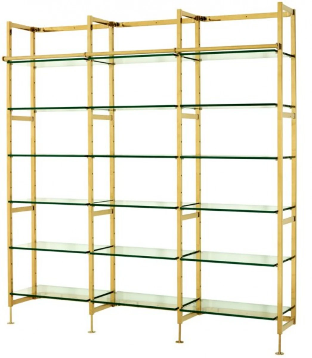 Casa Padrino luxury Shelving cabinet stainless steel gold with glass shelves B 223 x H 245 cm bookcase shelving cabinet - Art Deco Furniture