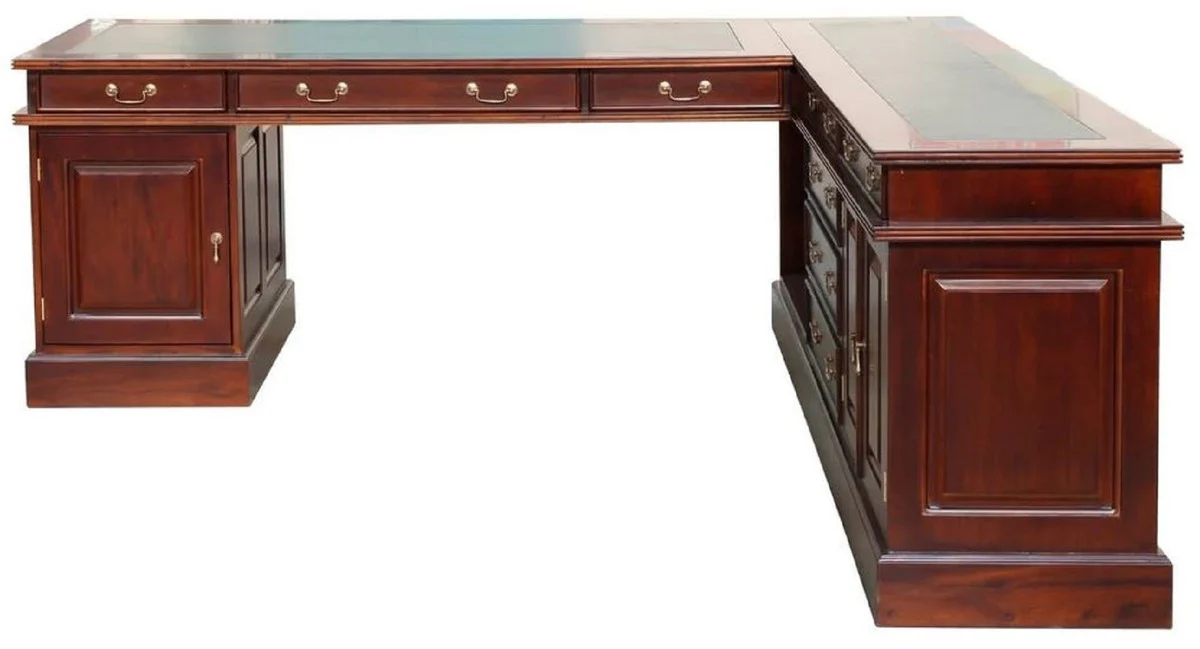 Casa Padrino escritorio esquinero de caoba de lujo marr¨®n oscuro / verde 225 x 200 x A. 80 cm - Mesa de oficina de madera maciza - Muebles de oficina de caoba - Muebles de oficina de lujo