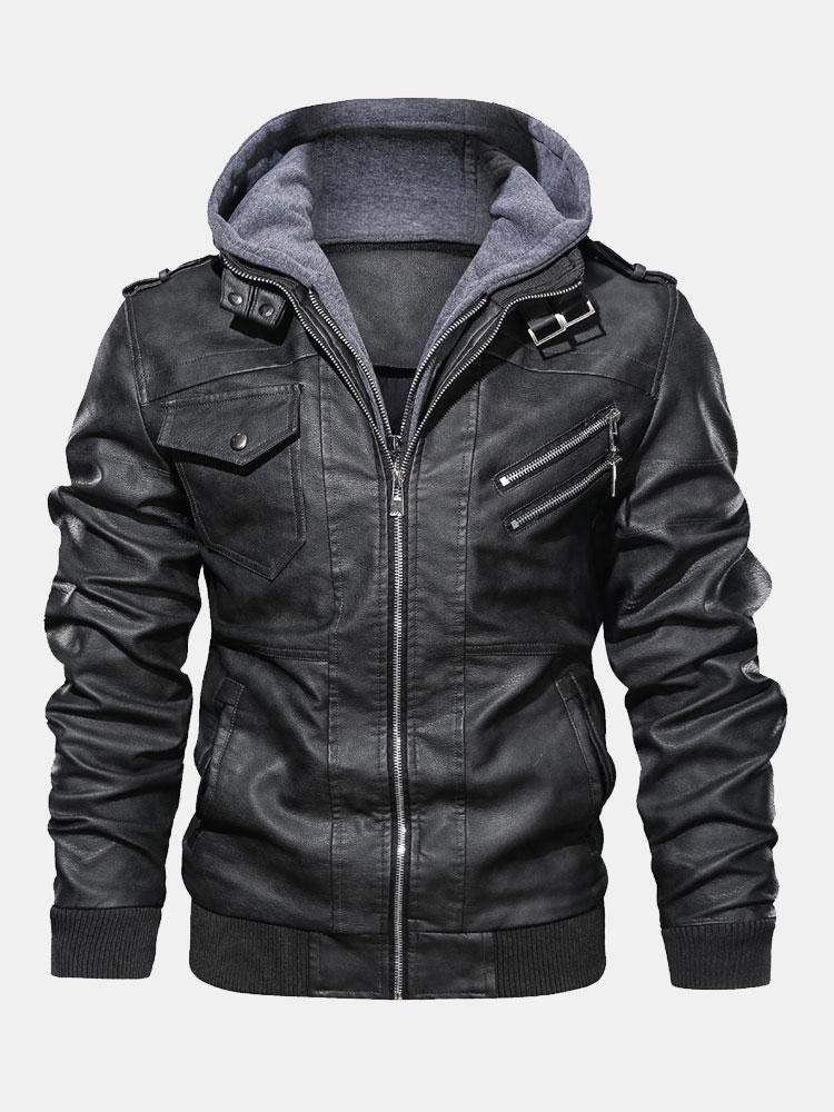 Detachable Hooded Zip Up PU Leather Jacket