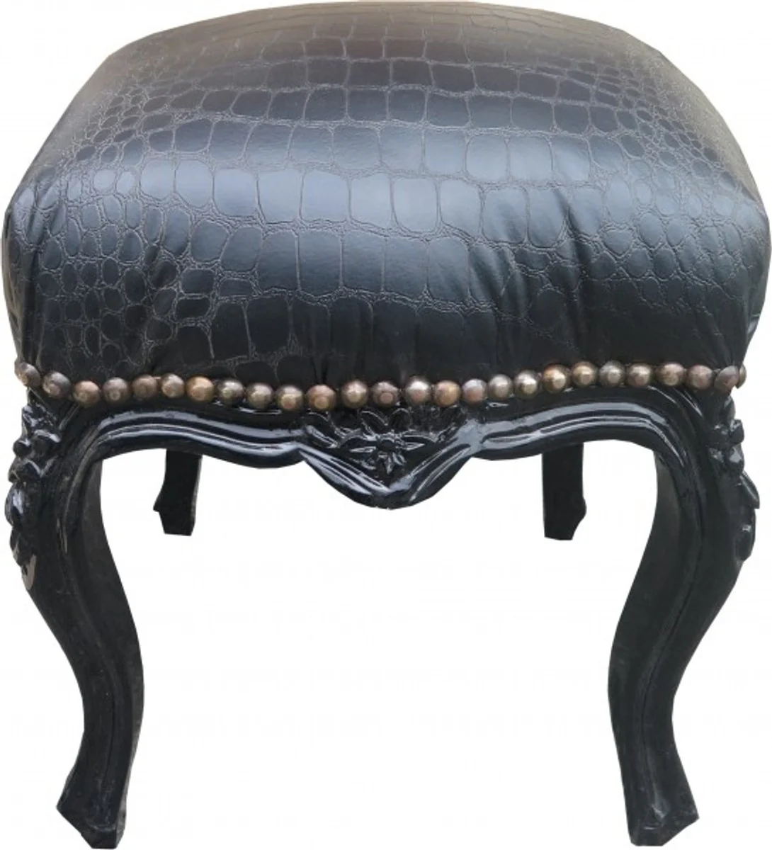 Casa Padrino barroco del pie heces negras / Negro Croco de cuero altura del aspecto 40 cm, ancho 35 cm - muebles barrocos