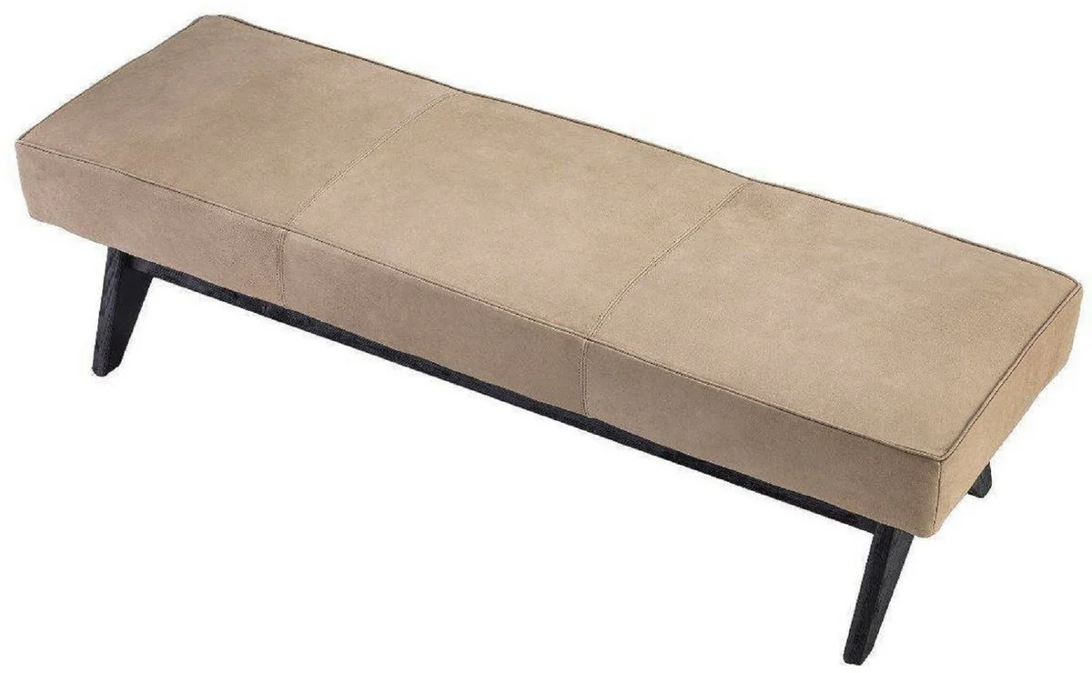 Casa Padrino banco de piel genuina de lujo beige / negro 164 x 54 x A. 44 cm - Banco de madera maciza tapizado con cuero de búfalo nobuck fino - Muebles de Lujo