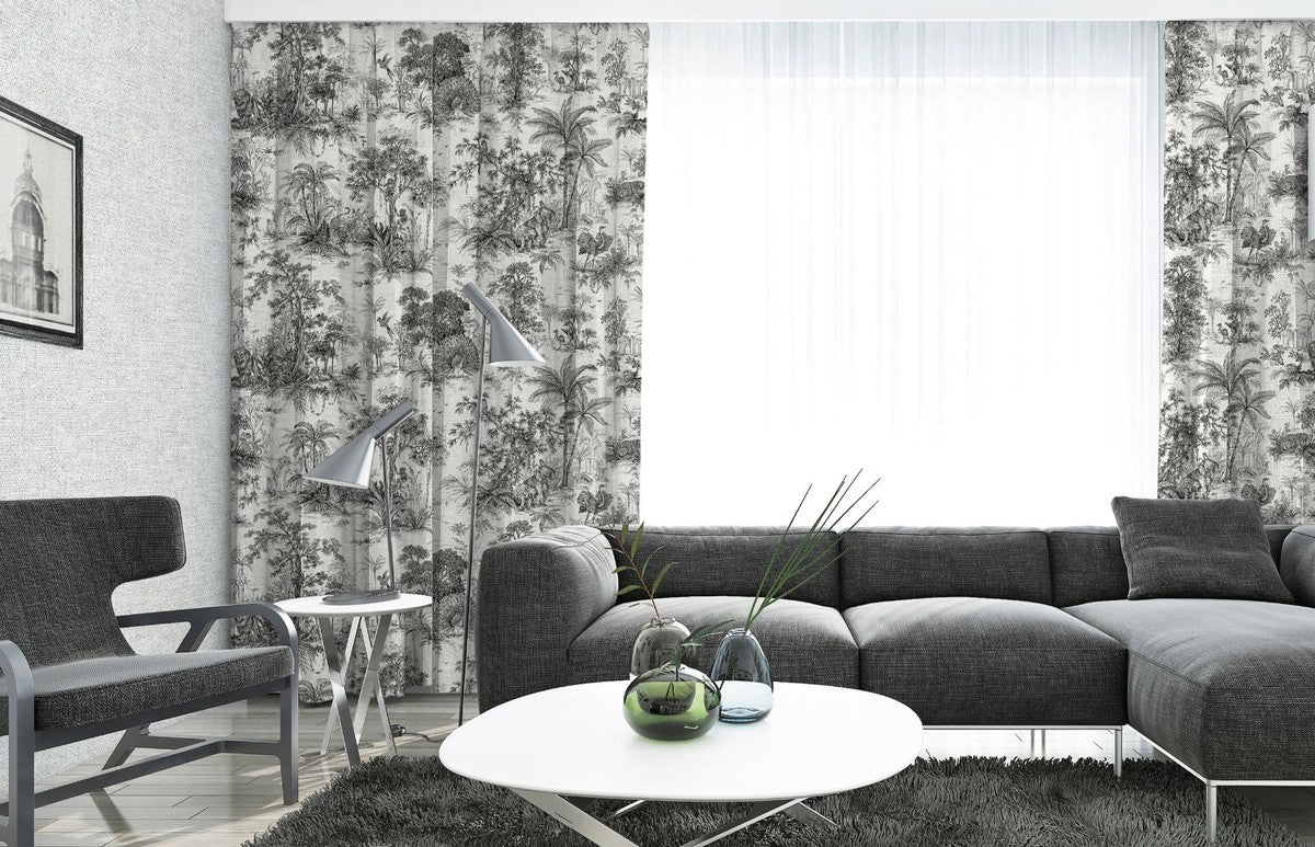 Casa Padrino conjunto de cortinas de lujo selva blanco / negro 250 x A. 290 cm - Cortinas de lino y terciopelo estampadas - Cortinas de ojales - Cortinas correderas