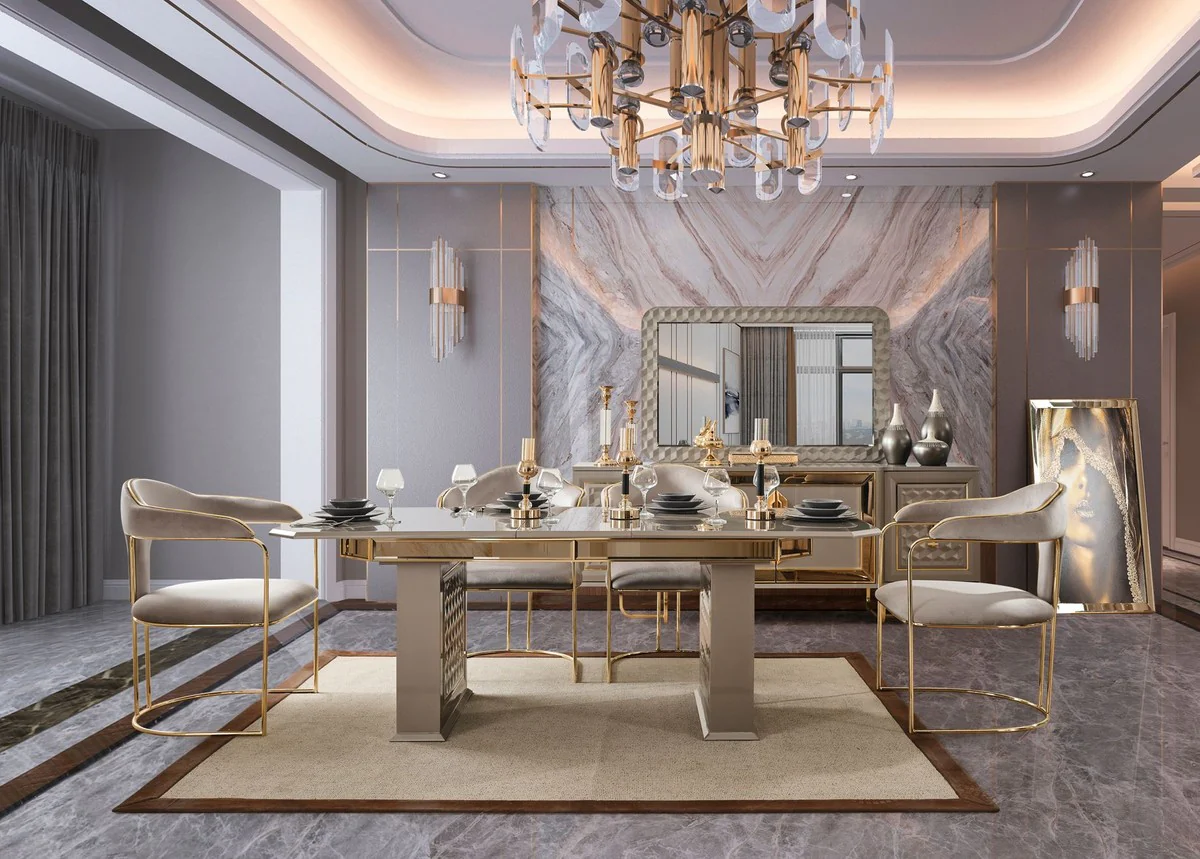 Casa Padrino conjunto de comedor Art Deco de lujo gris / oro - 1 Mesa de Comedor Extensible y 6 Sillas de Comedor con Reposabrazos - Muebles de comedor - Muebles Art Deco - Muebles de lujo