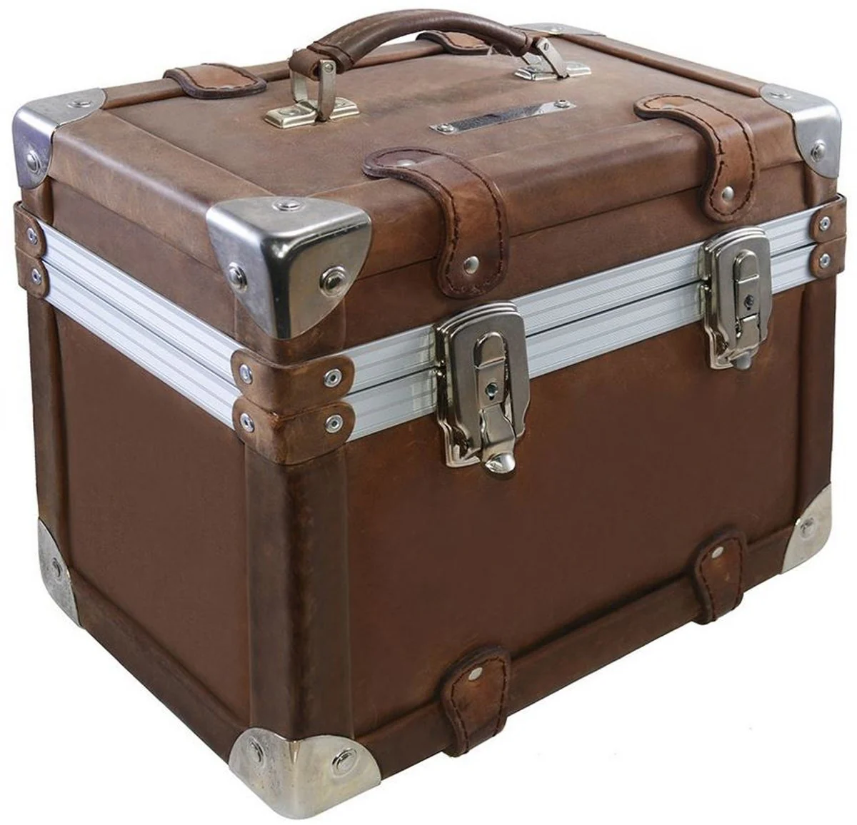 Casa Padrino neceser de maquillaje de lujo marr¨®n vintage / plata 33 x 21 x A. 28,5 cm - Neceser de cuero genuina impermeable hecho a mano con dise?o retro - Calidad de Lujo