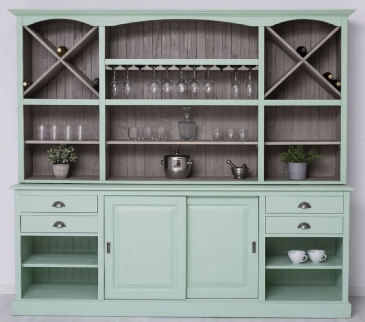 Casa Padrino gabinete bar de estilo campestre verde menta / gris 240 x 50 x A. 210 cm - Gabinete para vinos de madera maciza de estilo campestre - Muebles de bar de estilo campestre
