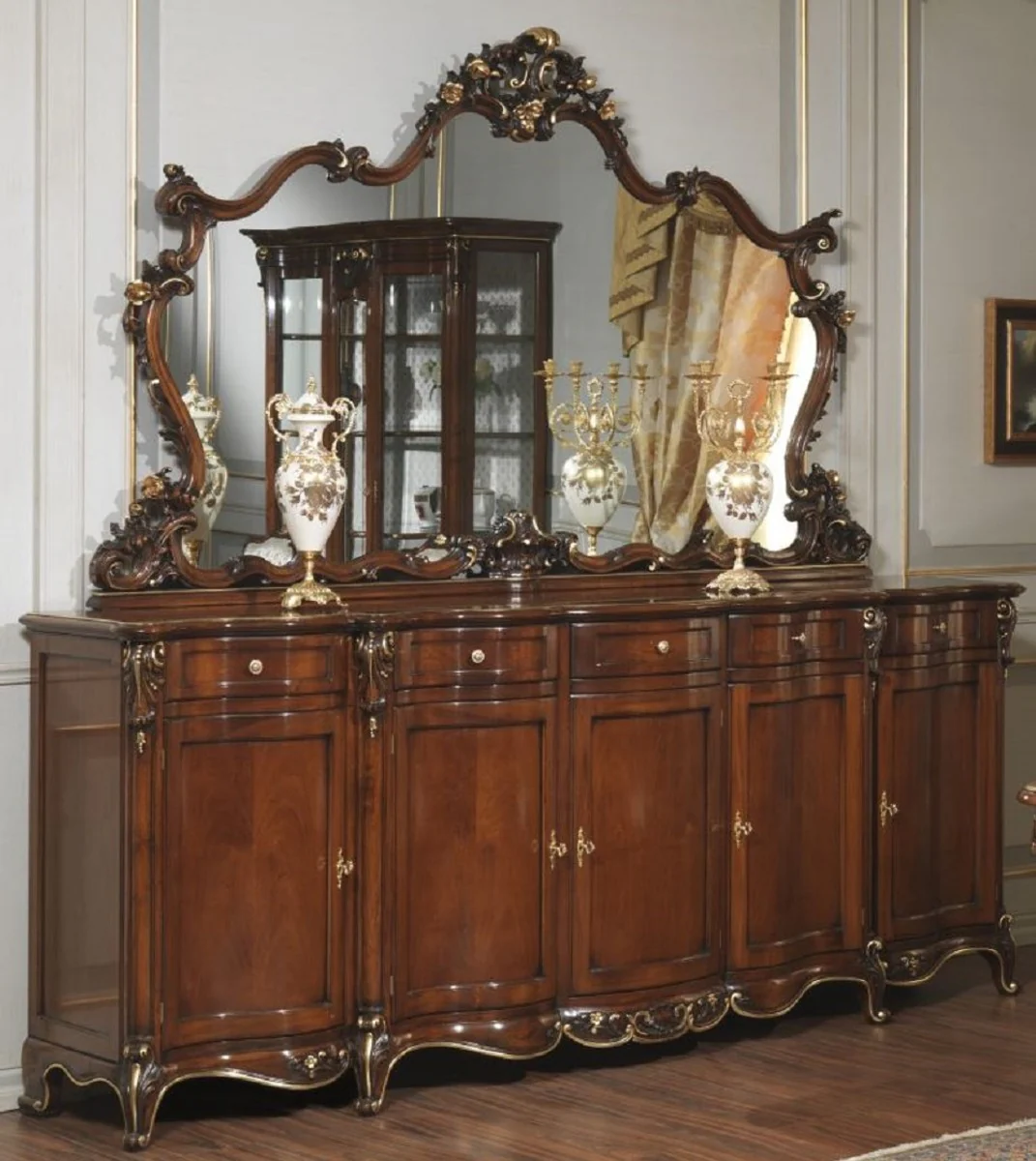 Casa Padrino conjunto de muebles barrocos de lujo aparador con espejo marrón oscuro / oro - Mueble de madera maciza con espejo de pared - Muebles de Castillo - Muebles de Hotel - Calidad de Lujo