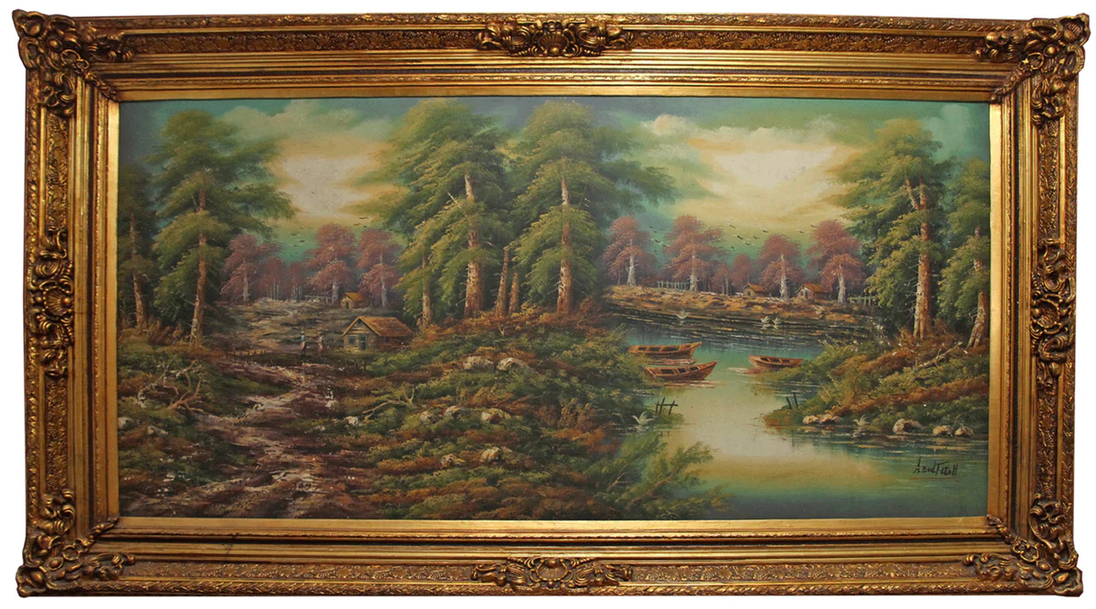 Casa Padrino pintura al óleo barroco paisaje multicolor / oro 285 x H. 164 cm - Enorme Pintura Barroco Pintada a Mano con Marco Pomposo Masivo
