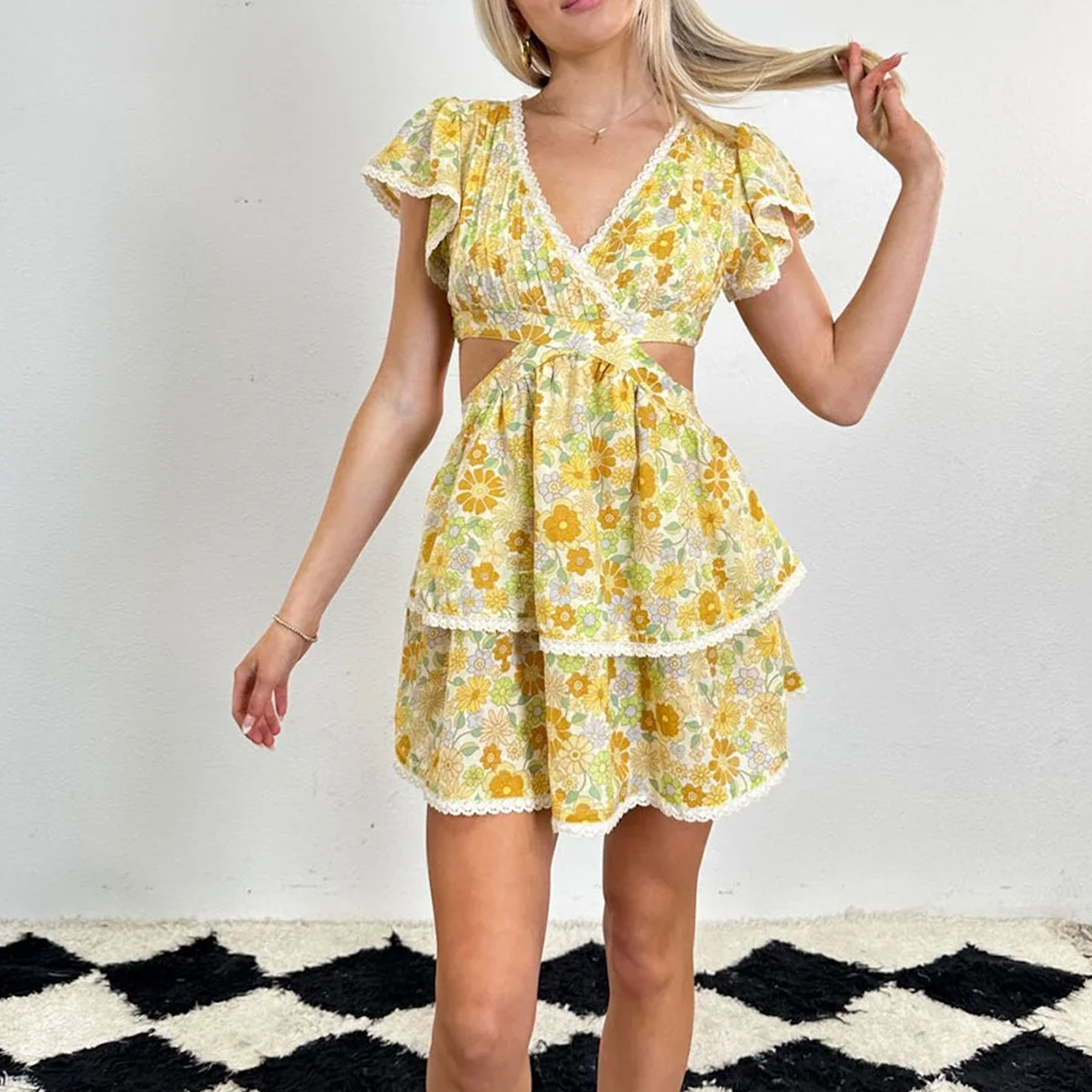 Honey Blossom Ruffle Cutout Mini Dress