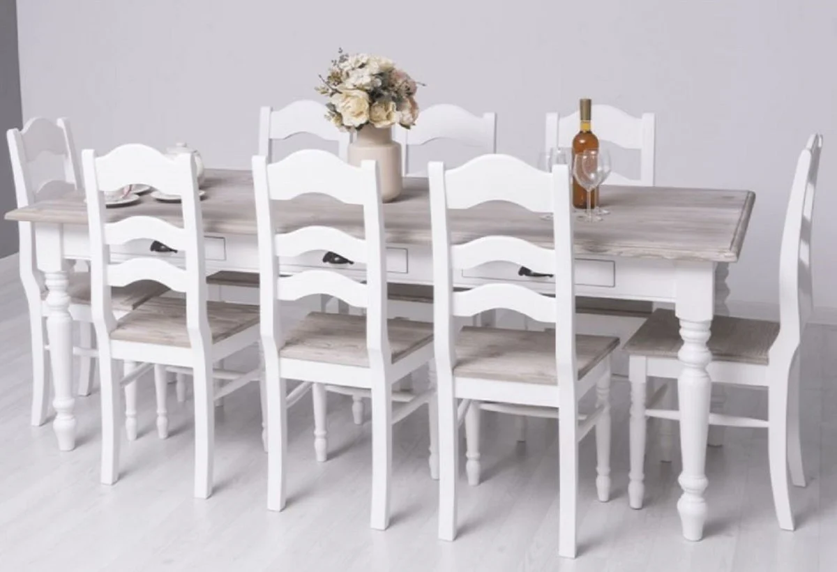 Casa Padrino conjunto de muebles de comedor de estilo campestre blanco / natural - 1 Mesa de Comedor y 8 Sillas de Comedor - Muebles de comedor de madera maciza de estilo campestre