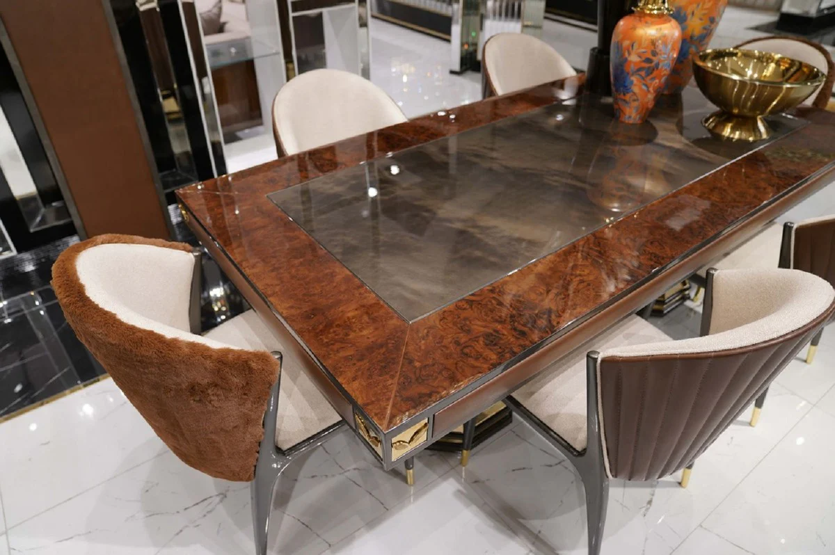 Casa Padrino mesa de comedor de lujo marr¨®n / gris / oro 226 x 112 x A. 70 cm - Mesa de cocina rectangular con espejo de cristal y cuero artificial fina - Muebles de comedor - Muebles de lujo