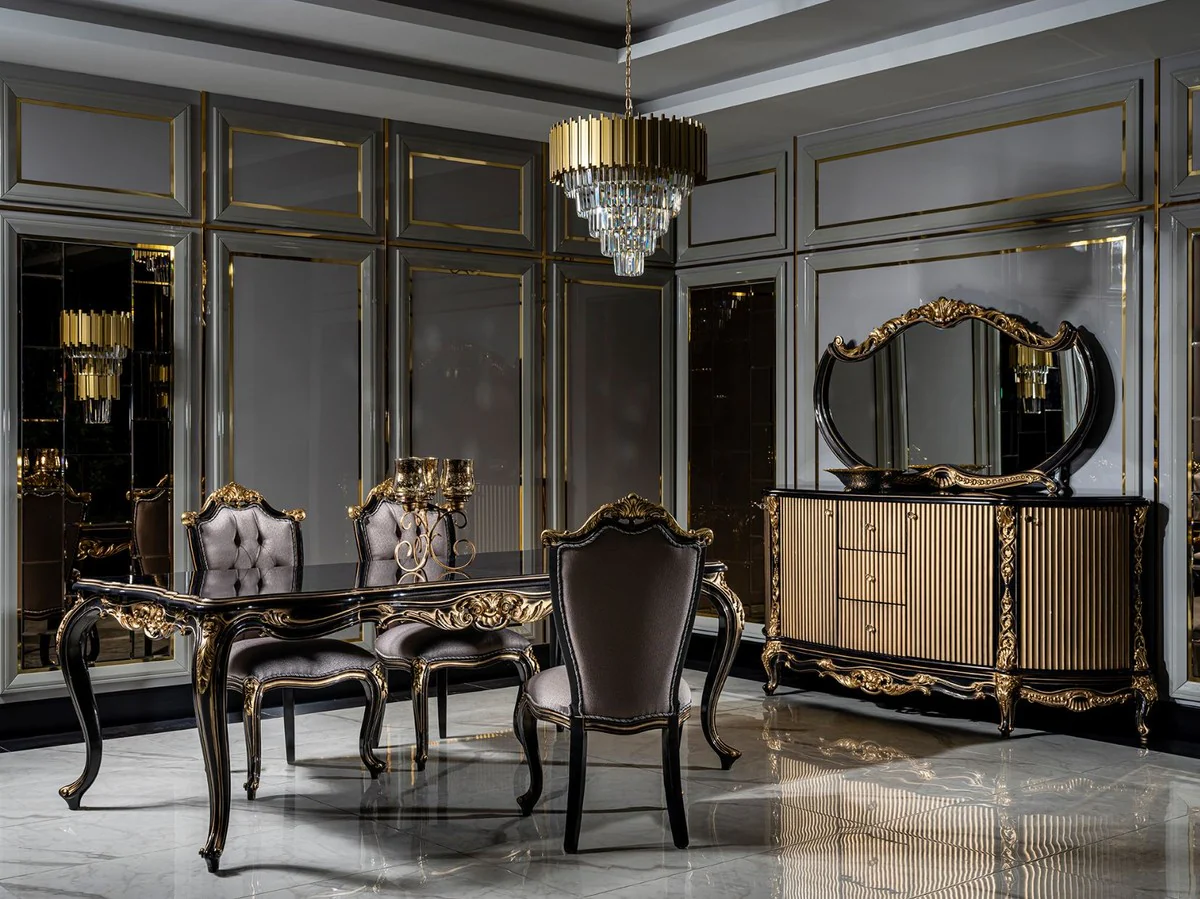 Casa Padrino conjunto de comedor barroco de lujo plata / negro / oro - 1 Mesa de Comedor y 6 Sillas de Comedor - Muebles de comedor barrocos - Noble y Magn¨ªfico