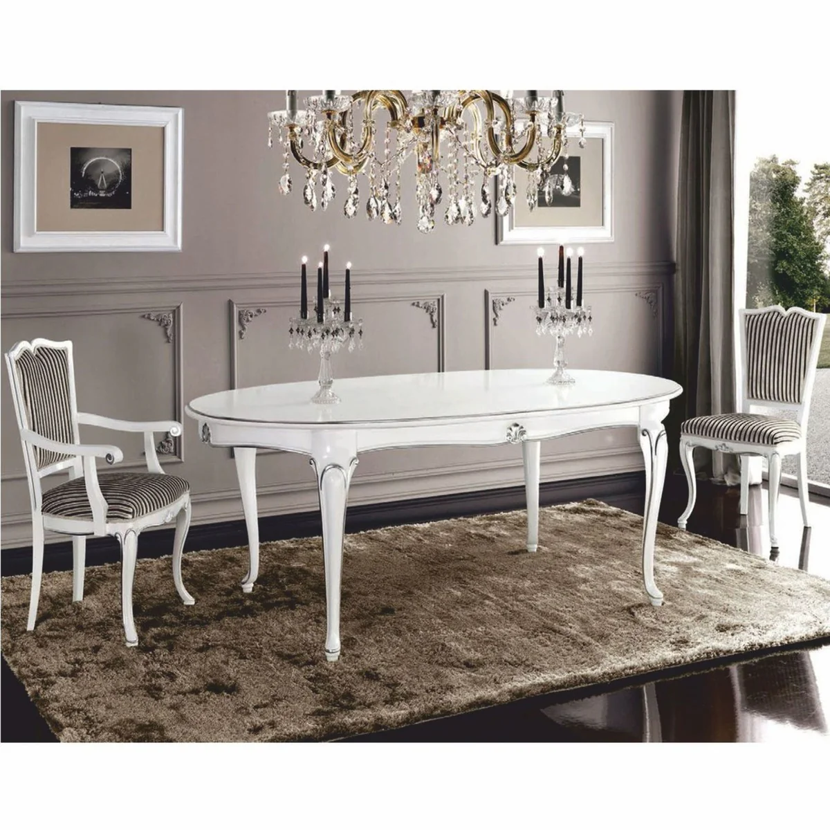 Casa Padrino Silla de Comedor Barroco de Lujo Plata / Negro / Blanco / Plata - Muebles Barrocos - Hecho en Italia