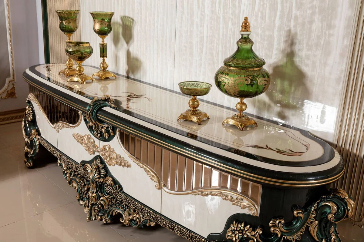 Casa Padrino armario de TV barroco de lujo crema / blanco / verde / oro - Magn¨ªfico aparador de sal¨®n con pared trasera - Muebles de sal¨®n barrocos - Muebles de lujo en estilo barroco