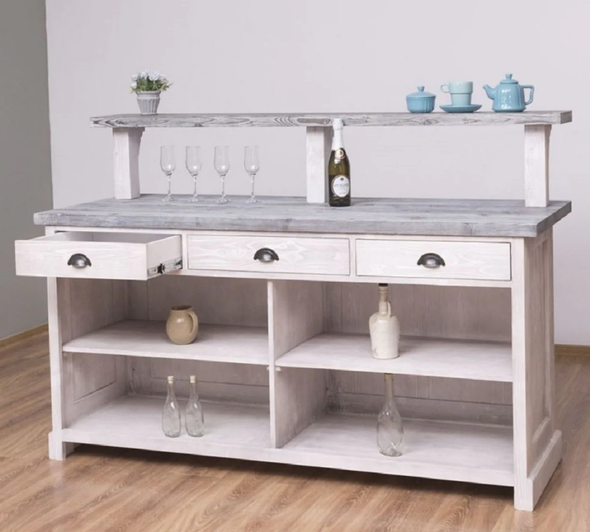 Casa Padrino barra de bar de estilo campestre gris claro / gris 180 x 68 x A. 120 cm - Barra de bar de madera maciza - Muebles de bar de madera maciza - Muebles de bar en estilo campestre