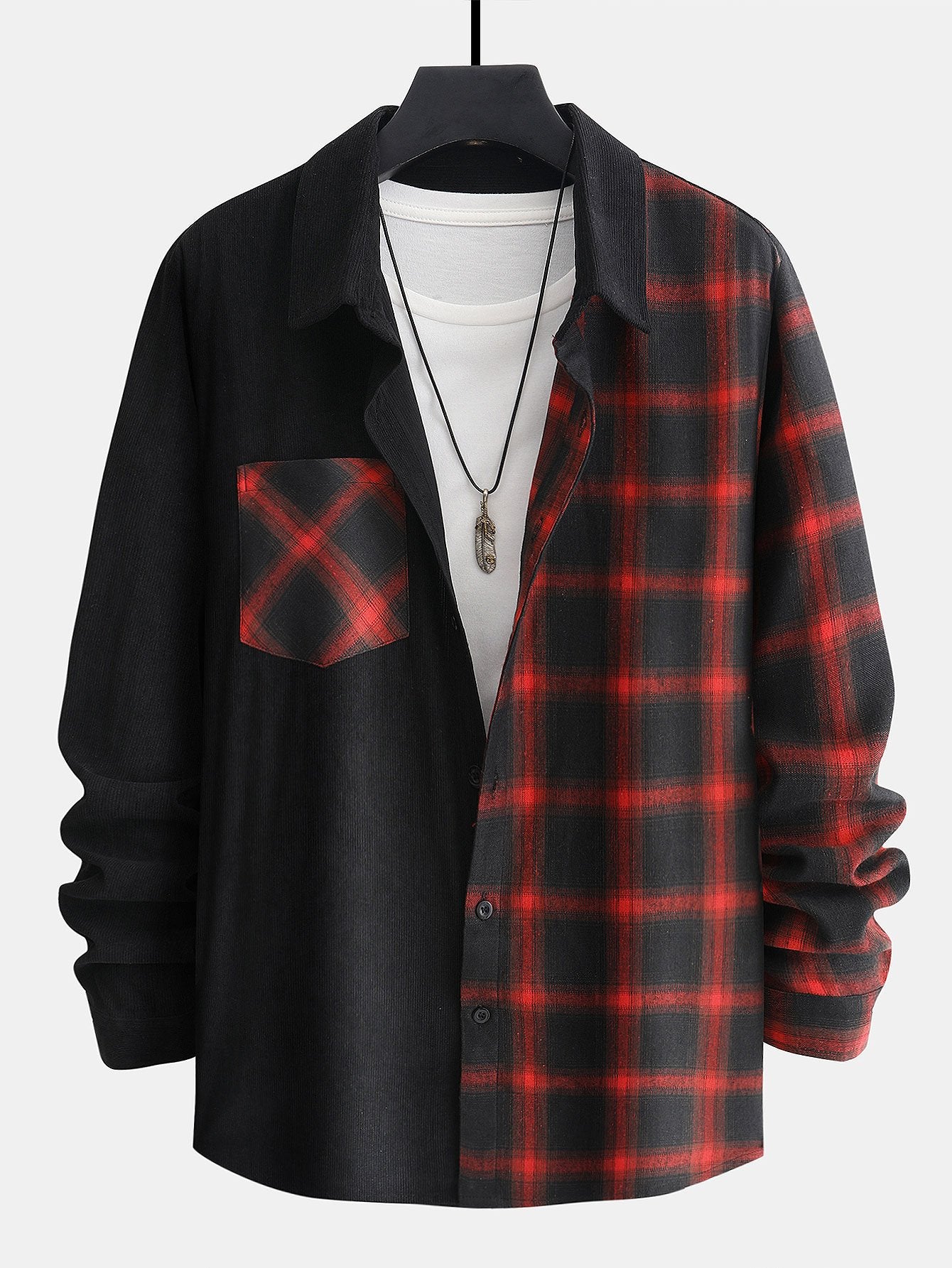 Long Sleeve Corduroy Plaid Panel Shirt