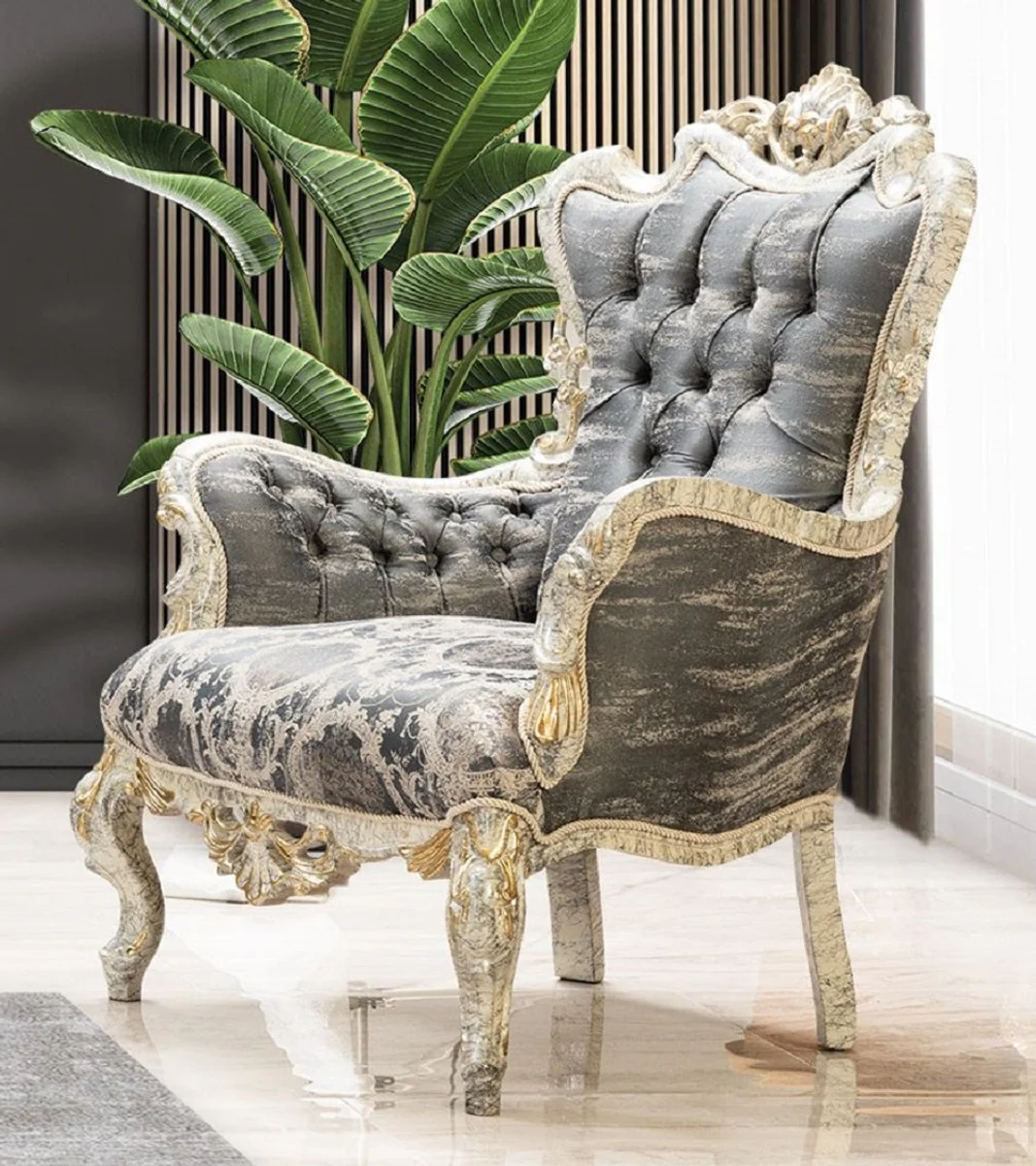 Casa Padrino sill¨®n barroco de lujo gris / blanco antiguo / oro - Magn¨ªfico sill¨®n de sal¨®n con patr¨®n elegante - Muebles de sal¨®n de lujo en estilo barroco - Muebles barrocos