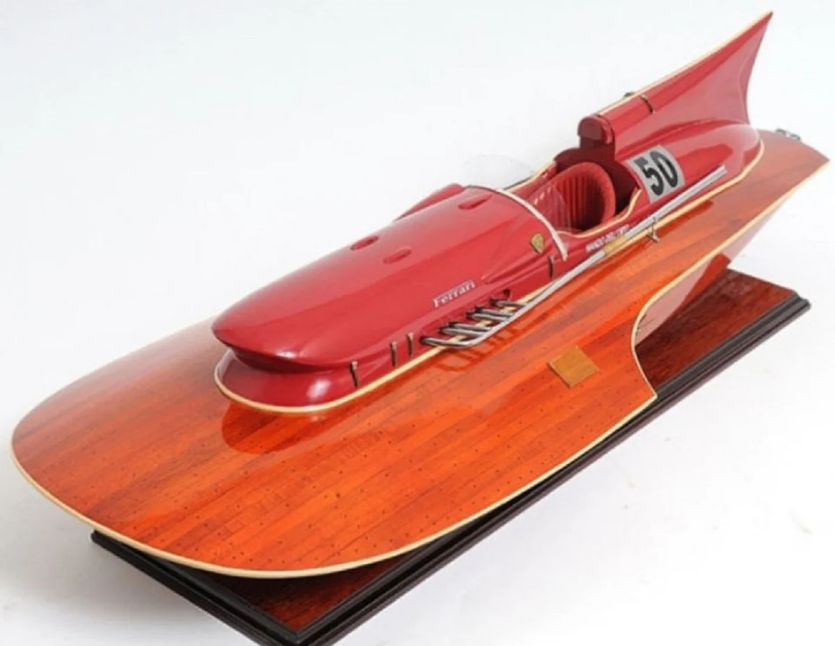 Lancha Rápida de Lujo de MaderaMarrón / Rojo 83 x 34 x H. 23 cm - Barco Modelo Deco Hecho a Mano