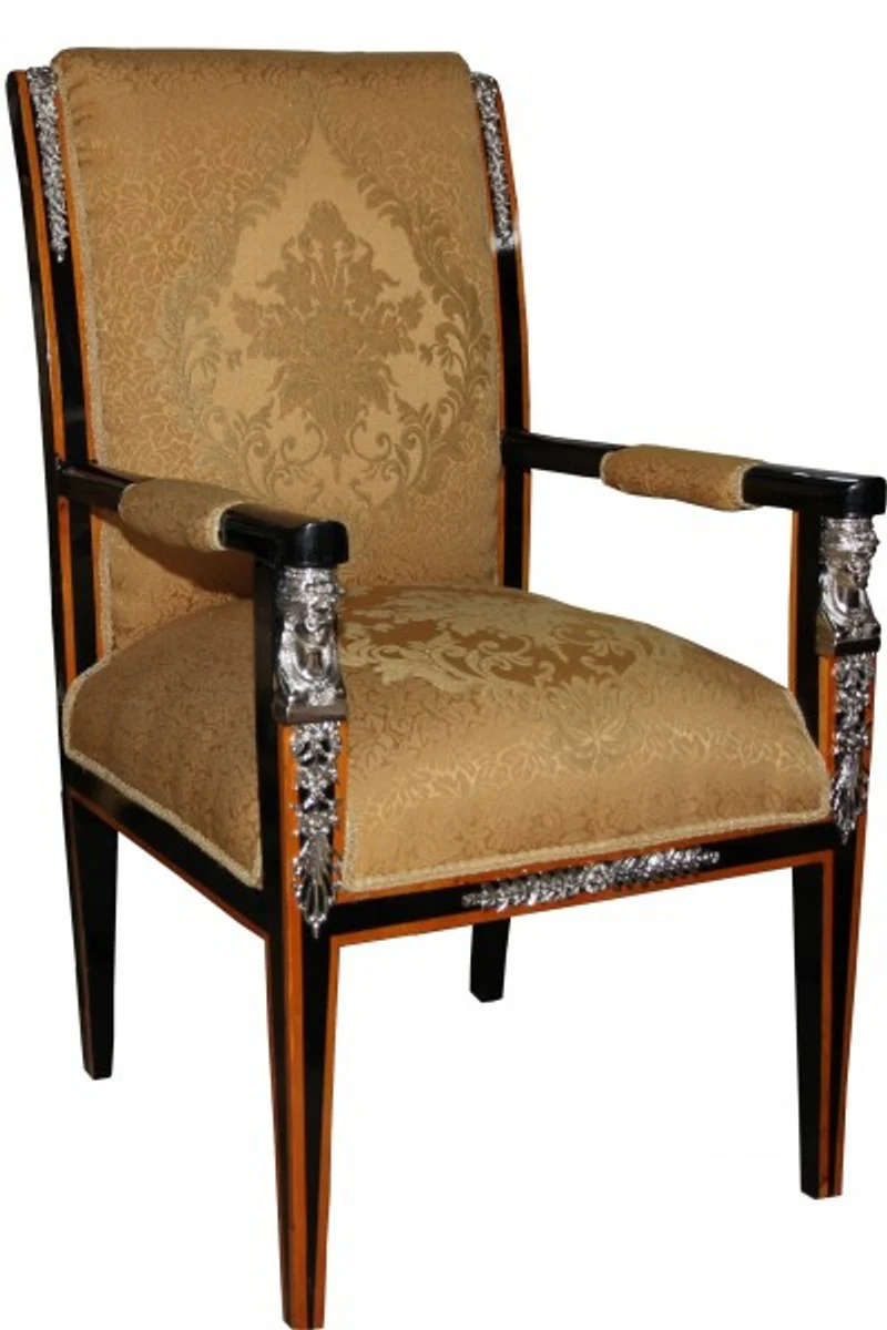 Casa Padrino Baroque Empire Salon Set of 4 Gold Pattern / Black / Mahogany / Silver - bench + 2 chairs + coffee table