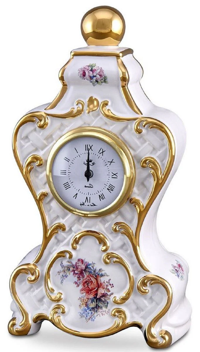 Casa Padrino reloj de mesa barroco blanco / oro / multicolor 17 x 12 x H. 30 cm - Suntuoso Reloj de Cerámica Barroco con Diseño Floral