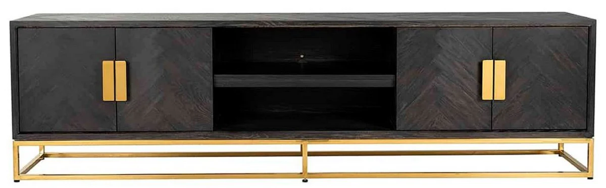 Casa Padrino gabinete de TV de lujo negro / oro 220 x 42,5 x A. 60 cm - Aparador de madera maciza con 4 puertas - Muebles de salón - Muebles de hotel - Colección de Lujo