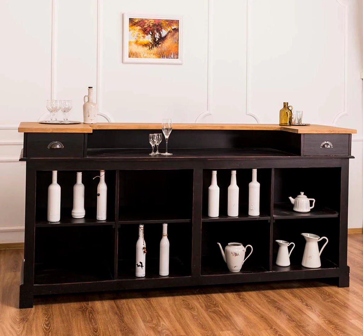 Casa Padrino barra de bar de estilo campestre negro antiguo / natural 240 x 65 x H. 107 cm - Barra de Bar con Cajones y Compartimentos de Almacenamiento