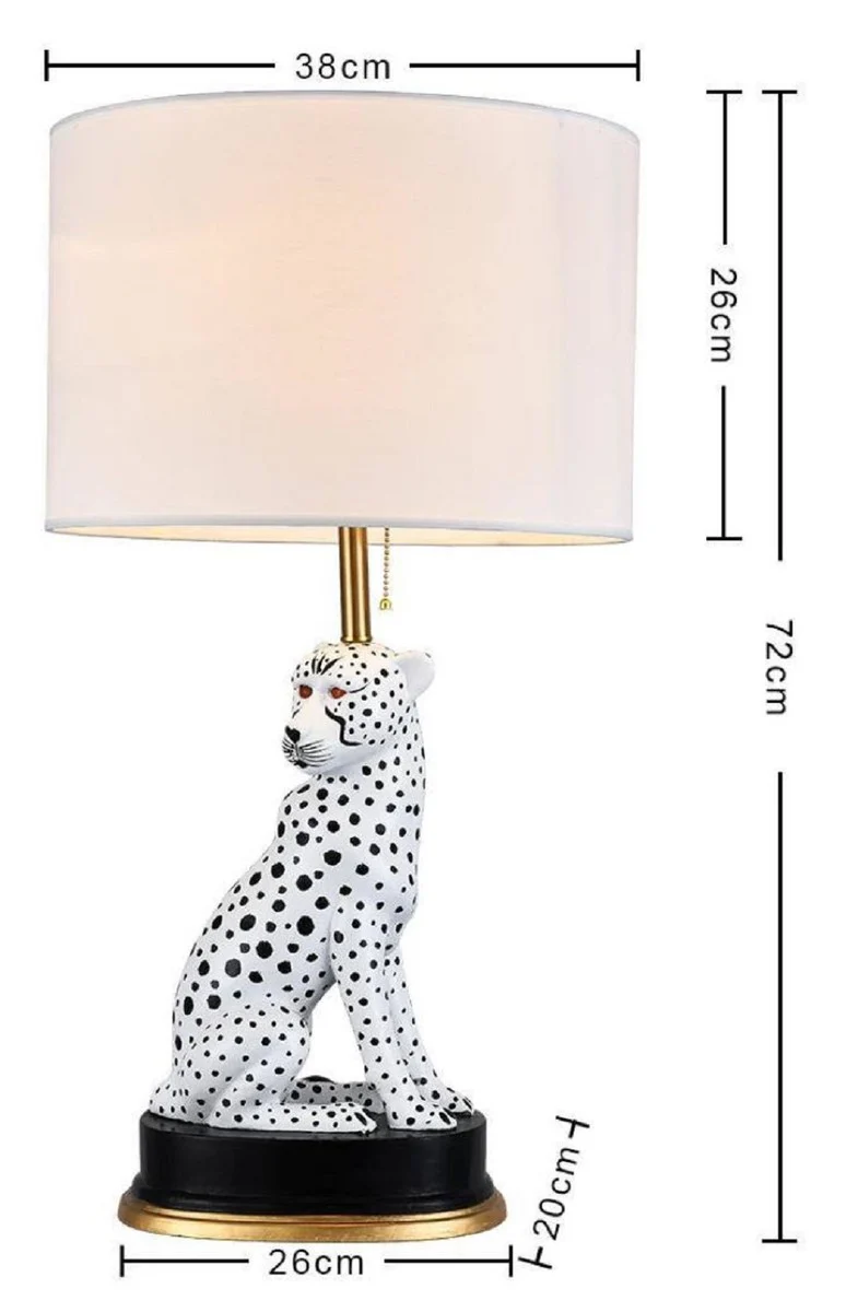 Casa Padrino lámpara de mesa de cerámica de lujo puma gato blanco / negro / oro Ø 38 x A. 72 cm - Lámpara de escritorio de cerámica con pantalla redonda - Luces de cerámica de lujo