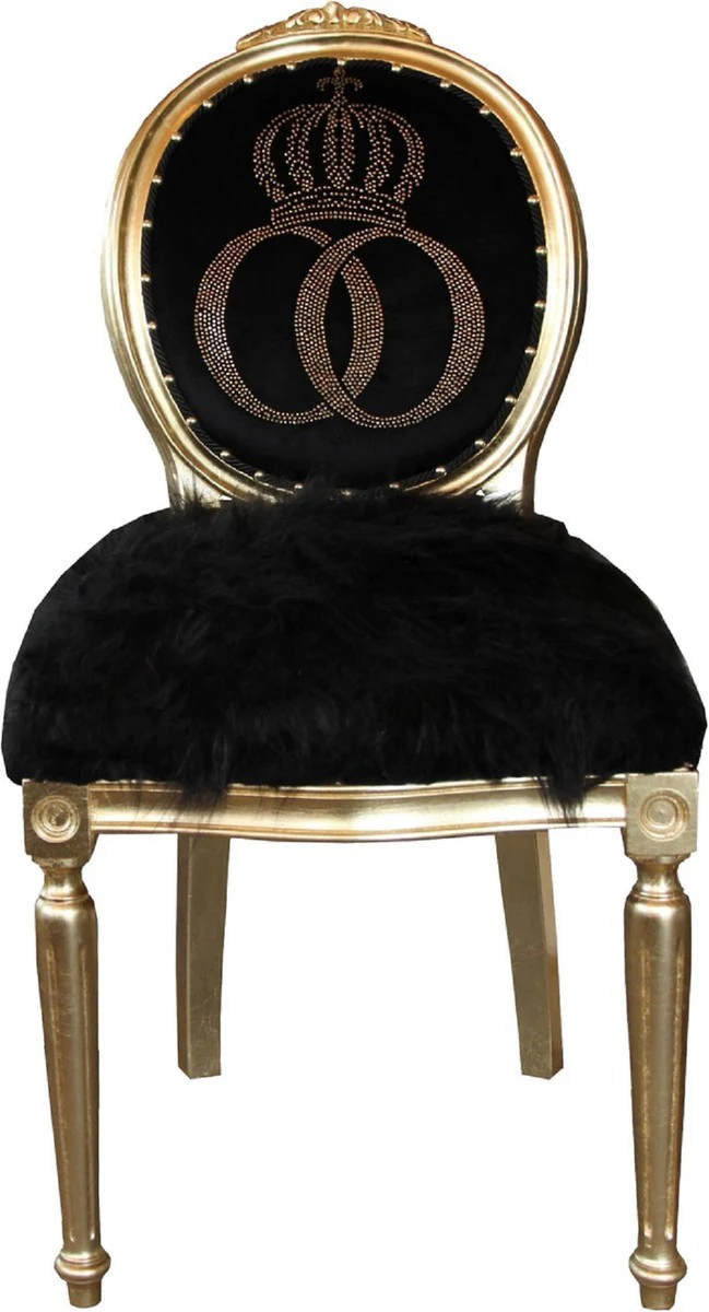 Pomp??s by Casa Padrino Sillas de Comedor Barrocos de Lujo Faux Fur Negro / Oro Corona con Diamantes de Imitaci¨®n 50 x 60 x H. 104 cm - Sillas Barrocos de Pomp??s Dise?adas por Harald Gl??ckler - 4 Sillas de Comedor