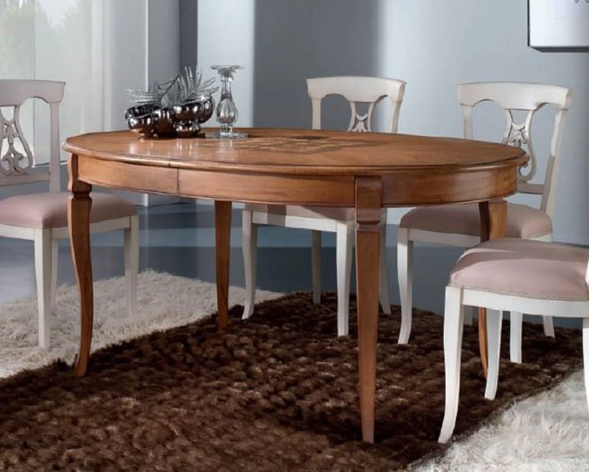 Casa Padrino mesa de comedor Biedermeier de lujo marr¨®n marqueter¨ªa - Mesa de comedor extensible ovalada de madera maciza - Muebles de comedor Biedermeier - Calidad de Lujo - Hecho en Italia