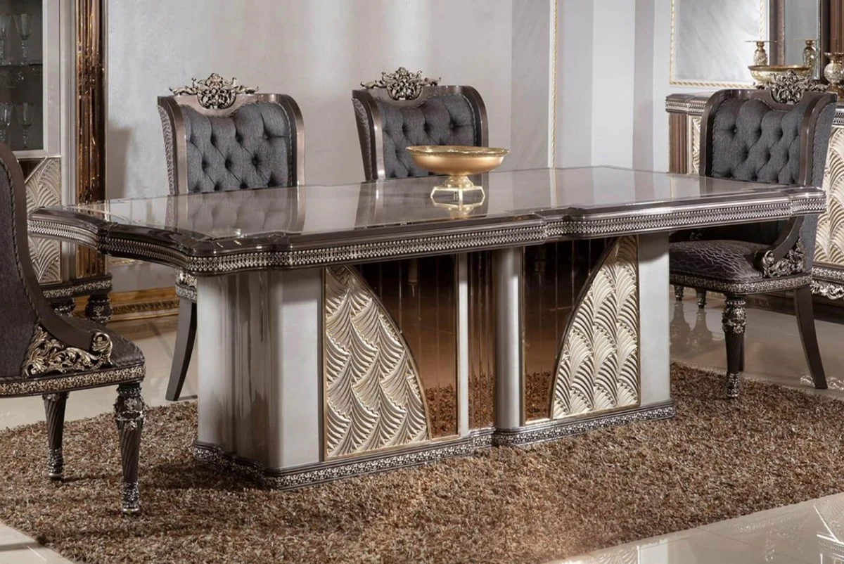 Casa Padrino mesa de comedor barroco de lujo gris / marr¨®n oscuro / oro - Mesa de cocina rectangular de estilo barroco - Muebles de comedor barrocos de lujo - Muebles de comedor barrocos