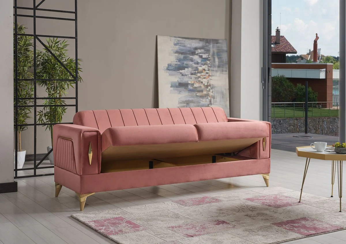 Casa Padrino sof¨¢ cama de lujo rosa / oro 222 x 93 x A. 87 cm - Sof¨¢ de sal¨®n con 5 almohadas - Muebles de sal¨®n de lujo