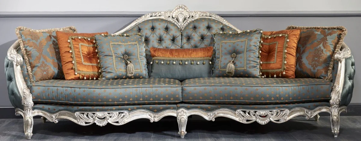 Casa Padrino sof¨¢ barroco de lujo turquesa oscuro / oro / plata 310 x 99 x H. 113 cm - Suntuoso Sof¨¢ de Sala de Estar Chesterfield en Estilo Barroco