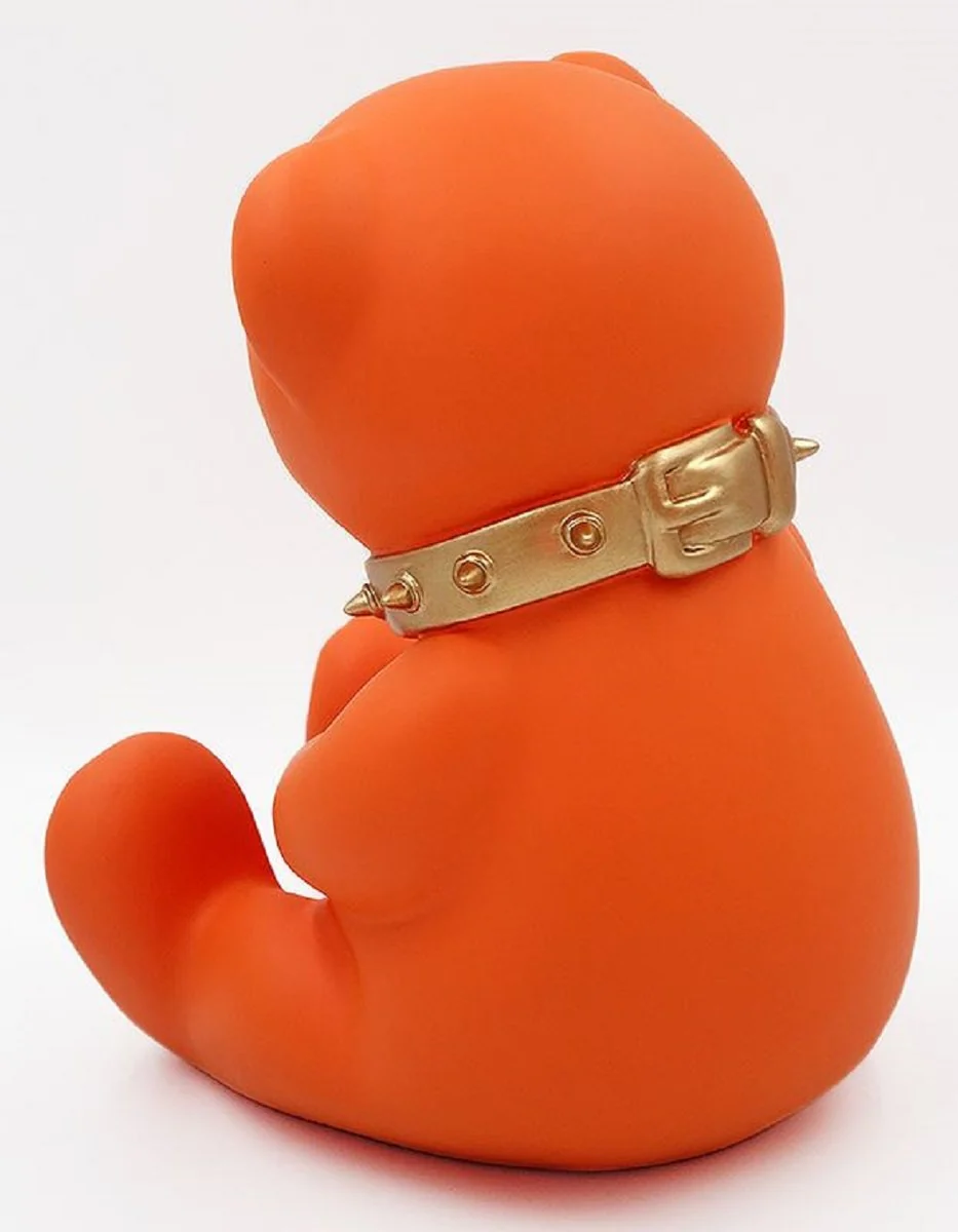 Casa Padrino figura decorativa de diseño de lujo oso de peluche con collar naranja / oro A. 31 cm - Escultura decorativa de resina - Figura decorativa de lujo - Figura decorativa de diseño