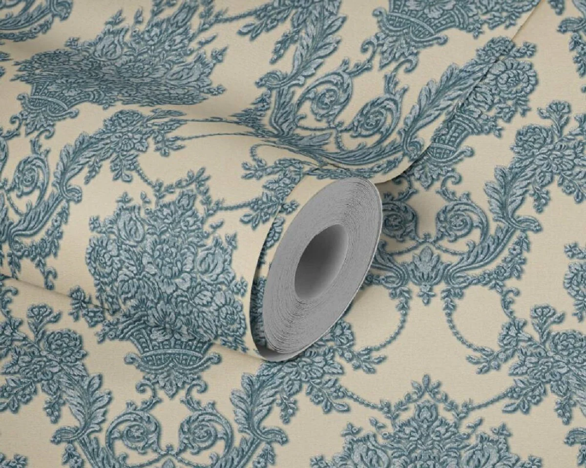 Casa Padrino papel pintado barroco no tejido beige / azul - Papel pintado de estilo barroco con patrón elegante - Accesorios de decoración barroco