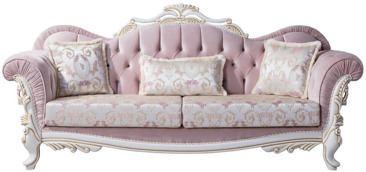 Casa Padrino sof¨¢ barroco de lujo con cojines decorativos rosa / plata / blanco / oro 243 x 90 x A. 110 cm - Muebles de sal¨®n de estilo barroco